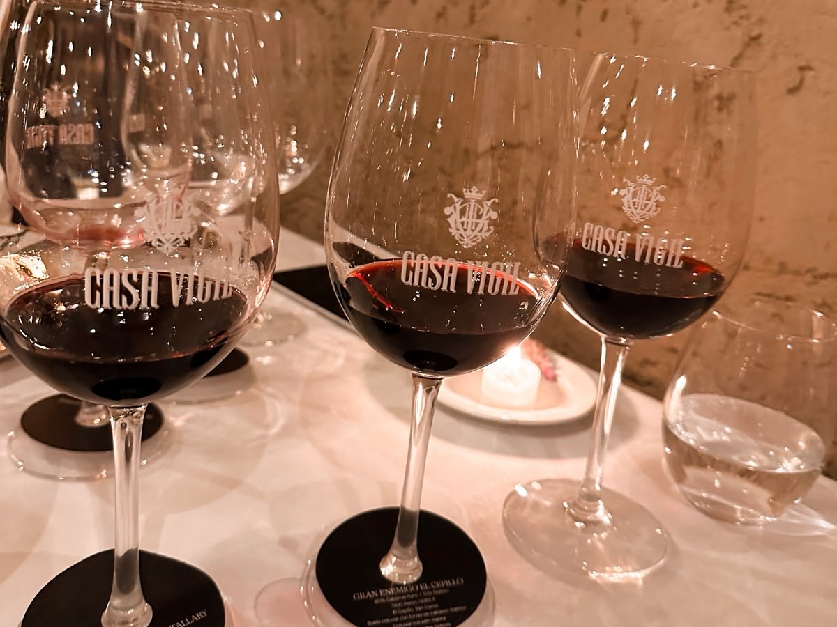 Glasses of red wine on a white tablecloth during a tasting at Casa Vigil