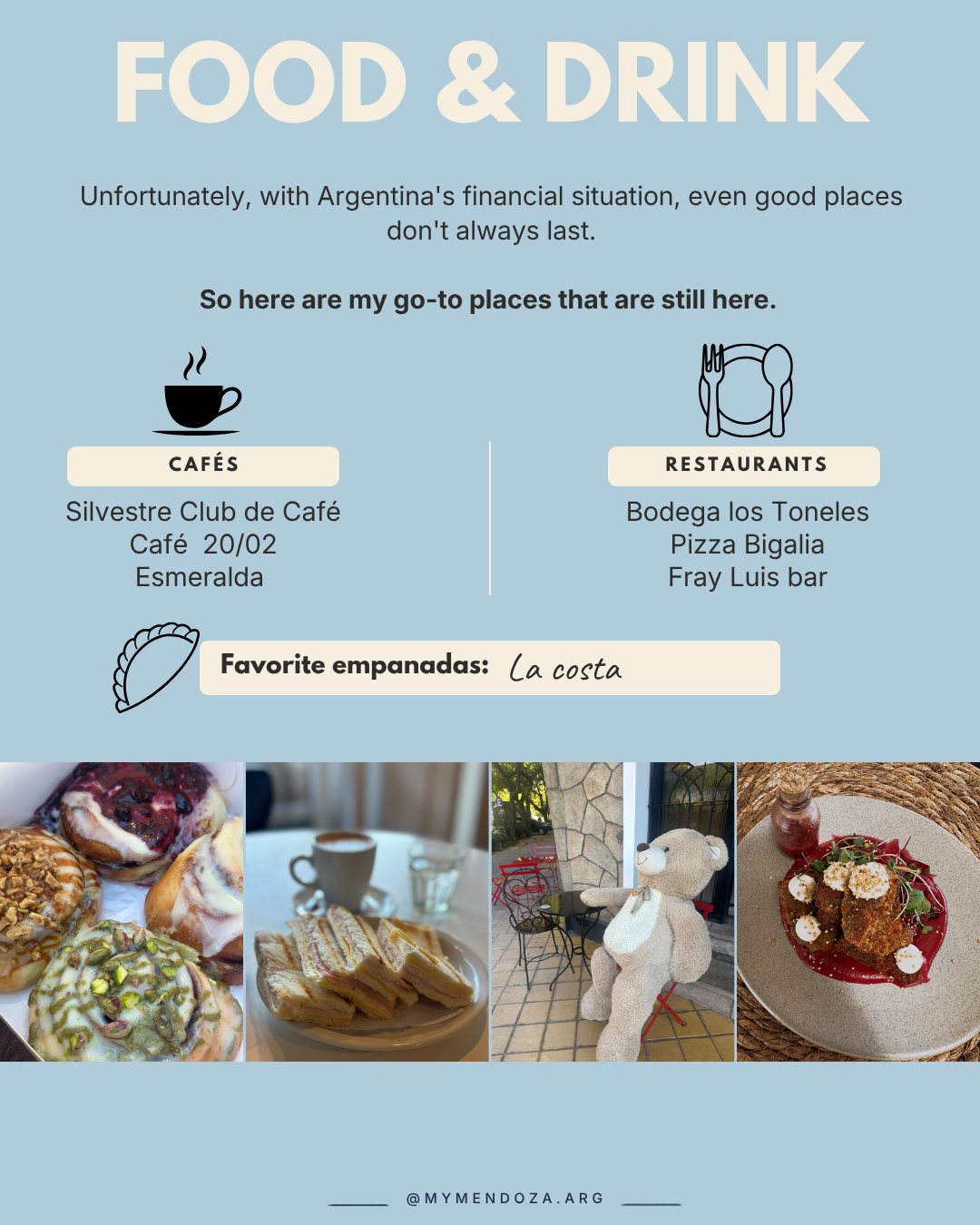 Food and drink slide listing cafés and restaurants, with photos of pastries, a coffee and toasted sandwich, a teddy bear on a café terrace and a plated dish
