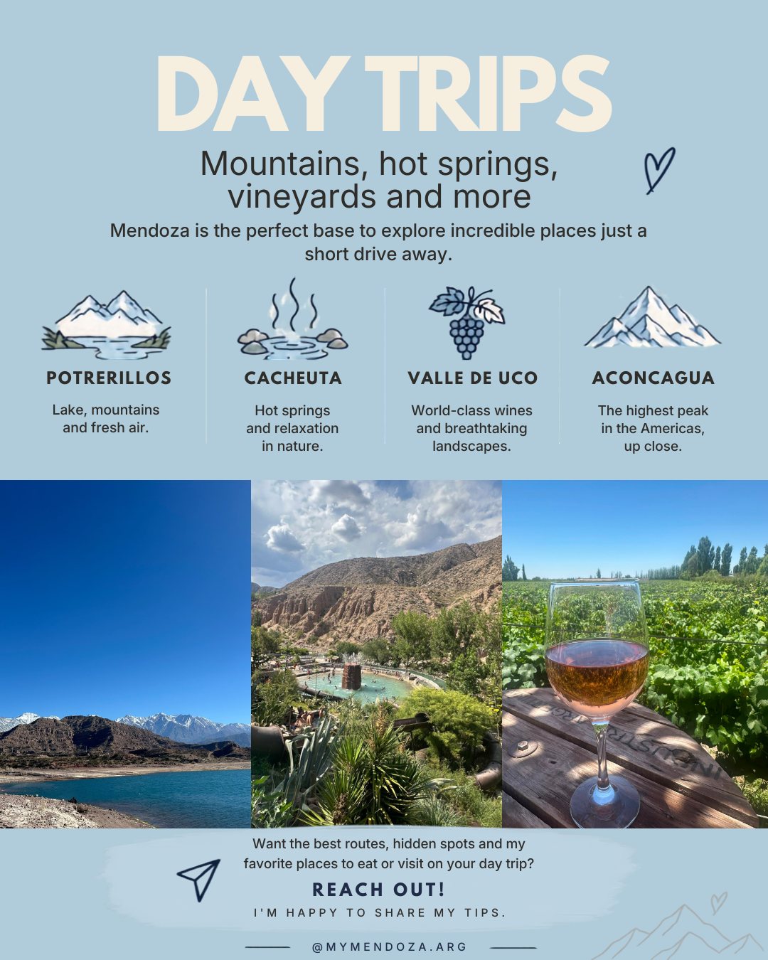 Day trips slide: Potrerillos, Cacheuta, Valle de Uco and Aconcagua, with photos of a mountain lake, a hot spring pool and a glass of rosé in a vineyard